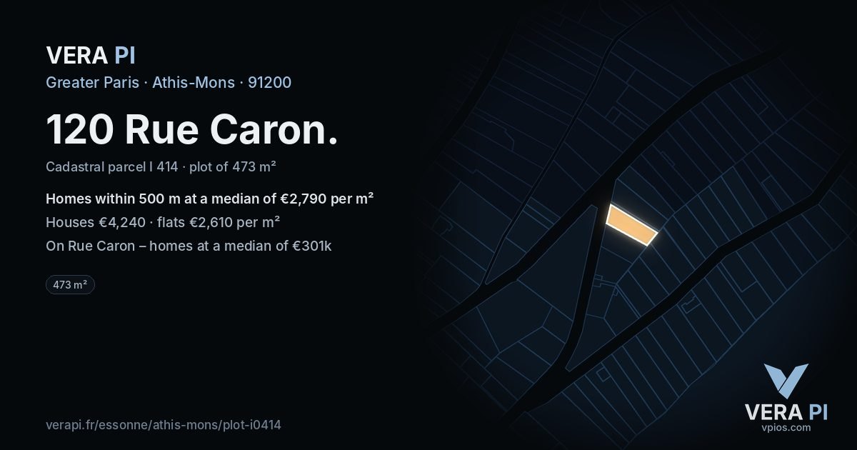 120 Rue Caron, Athis-Mons at night – the plot lit, the parcels around coloured by the prices near them