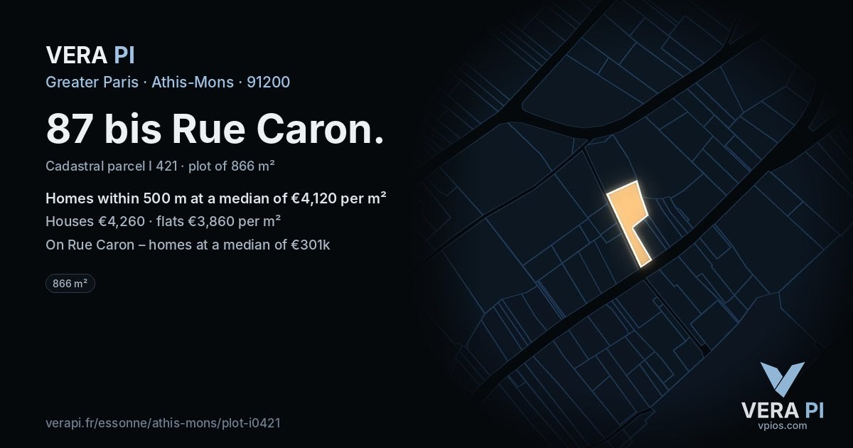 87 bis Rue Caron, Athis-Mons at night – the plot lit, the parcels around coloured by the prices near them