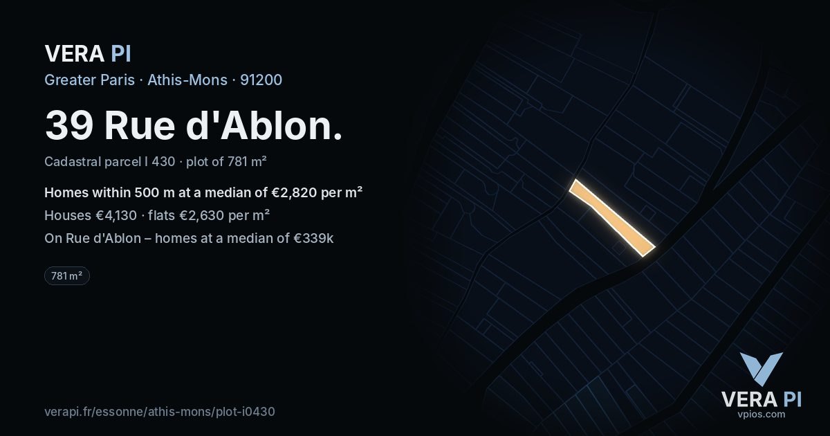39 Rue d'Ablon, Athis-Mons at night – the plot lit, the parcels around coloured by the prices near them