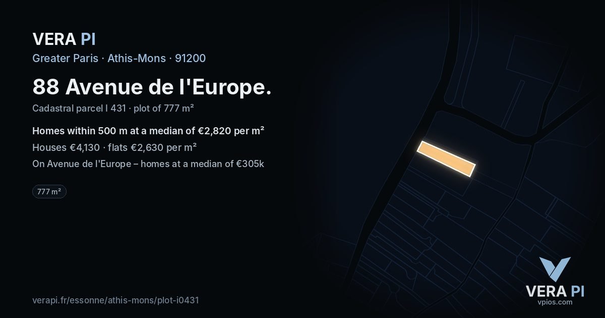 88 Avenue de l'Europe, Athis-Mons at night – the plot lit, the parcels around coloured by the prices near them