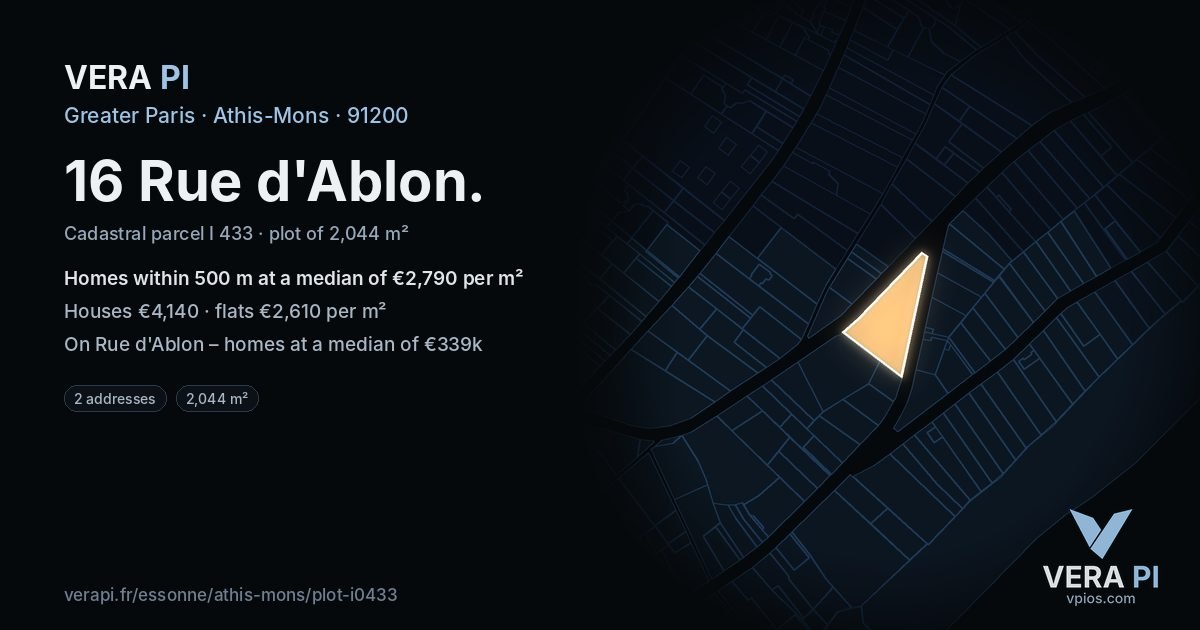 16 Rue d'Ablon, Athis-Mons at night – the plot lit, the parcels around coloured by the prices near them