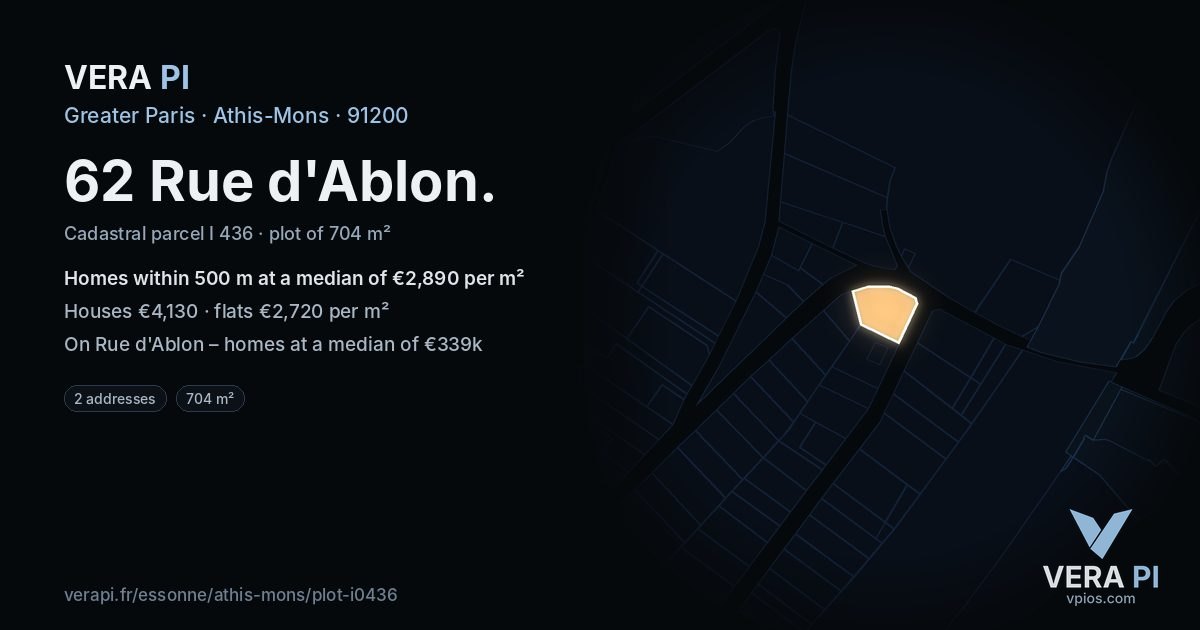 62 Rue d'Ablon, Athis-Mons at night – the plot lit, the parcels around coloured by the prices near them
