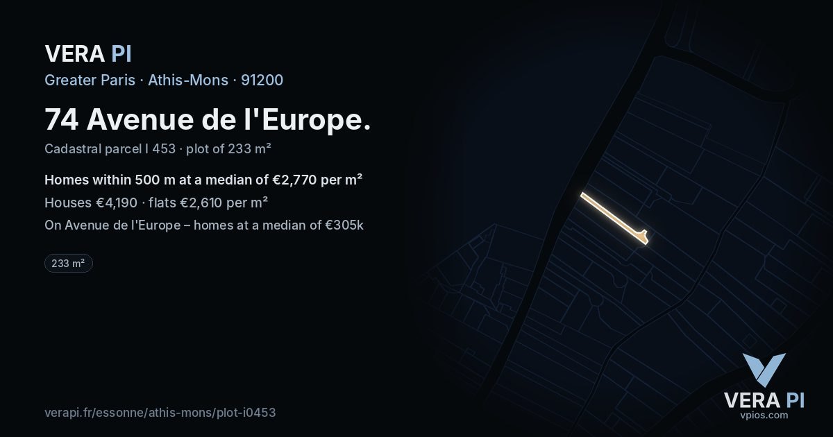 74 Avenue de l'Europe, Athis-Mons at night – the plot lit, the parcels around coloured by the prices near them