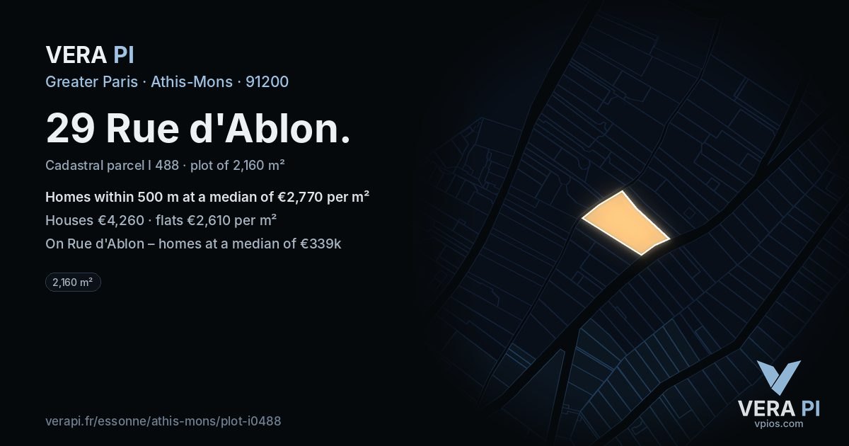 29 Rue d'Ablon, Athis-Mons at night – the plot lit, the parcels around coloured by the prices near them