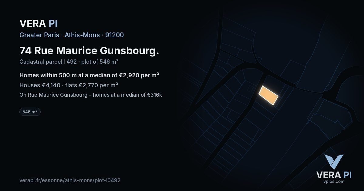 74 Rue Maurice Gunsbourg, Athis-Mons at night – the plot lit, the parcels around coloured by the prices near them