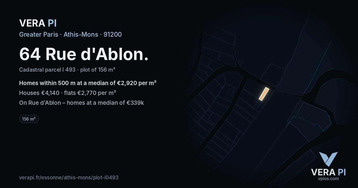 64 Rue d'Ablon, Athis-Mons at night – the plot lit, the parcels around coloured by the prices near them