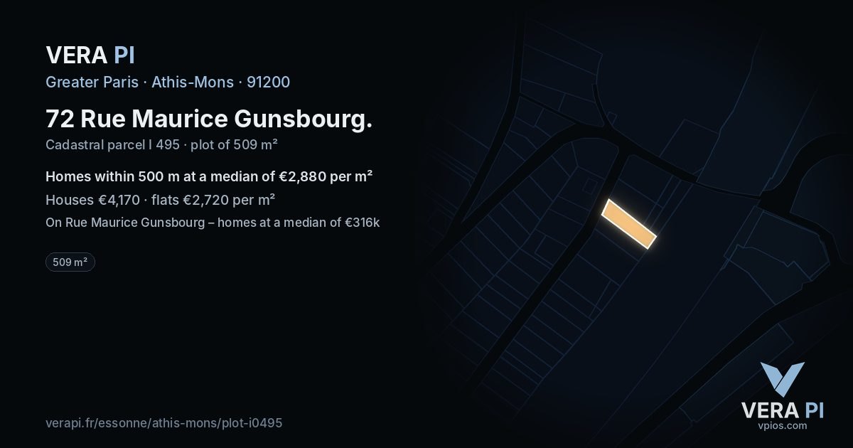 72 Rue Maurice Gunsbourg, Athis-Mons at night – the plot lit, the parcels around coloured by the prices near them