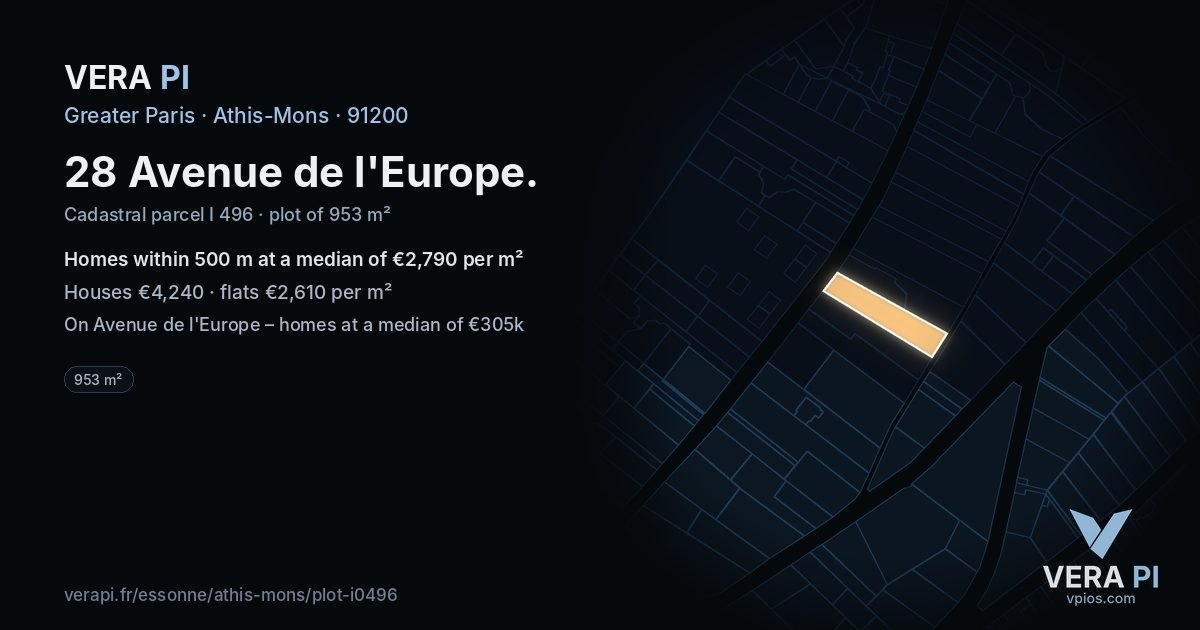 28 Avenue de l'Europe, Athis-Mons at night – the plot lit, the parcels around coloured by the prices near them