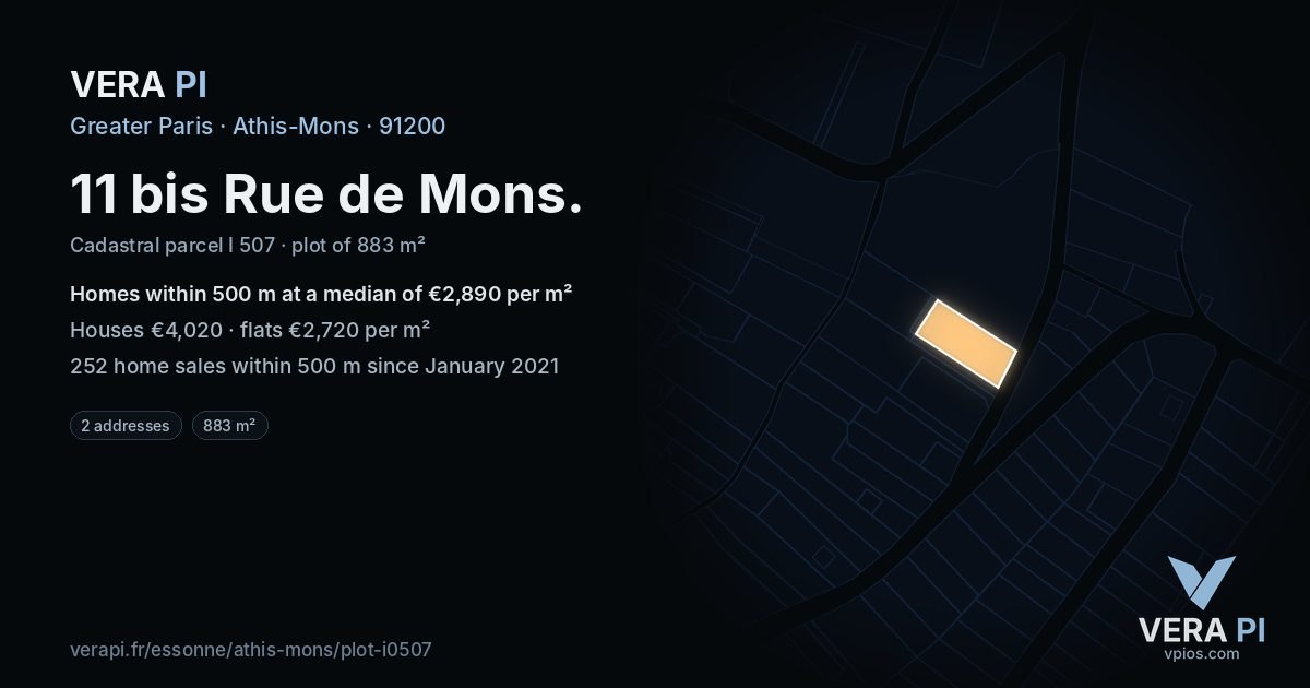 11 bis Rue de Mons, Athis-Mons at night – the plot lit, the parcels around coloured by the prices near them