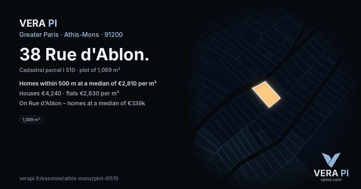 38 Rue d'Ablon, Athis-Mons at night – the plot lit, the parcels around coloured by the prices near them