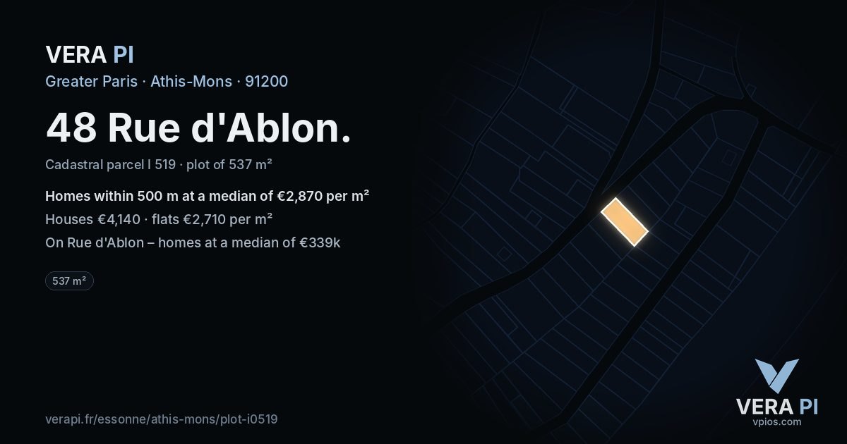 48 Rue d'Ablon, Athis-Mons at night – the plot lit, the parcels around coloured by the prices near them