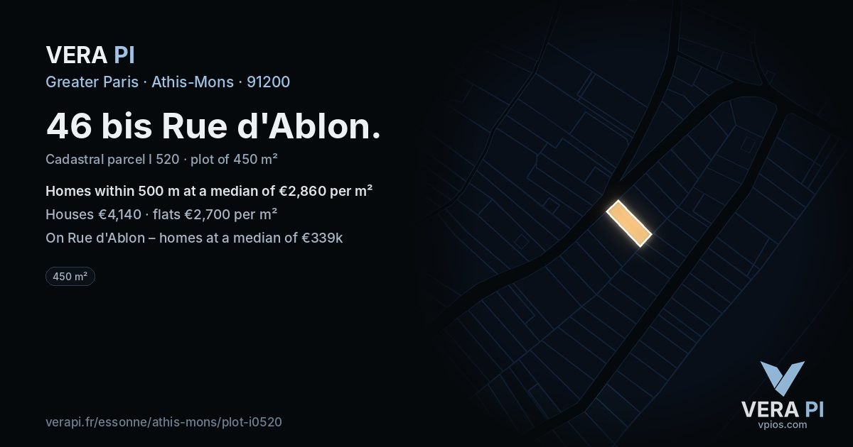 46 bis Rue d'Ablon, Athis-Mons at night – the plot lit, the parcels around coloured by the prices near them