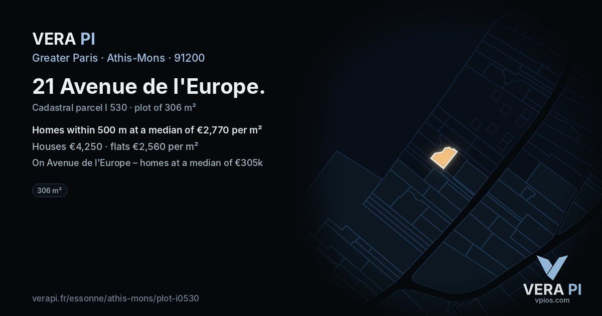 21 Avenue de l'Europe, Athis-Mons at night – the plot lit, the parcels around coloured by the prices near them