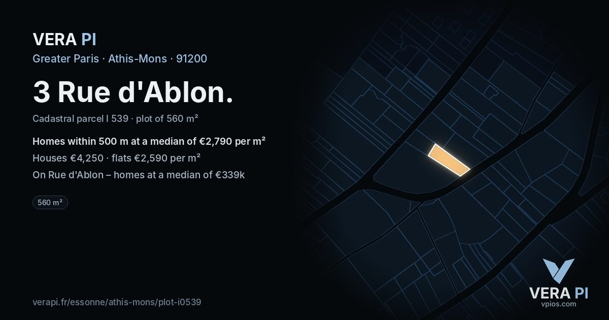 3 Rue d'Ablon, Athis-Mons at night – the plot lit, the parcels around coloured by the prices near them