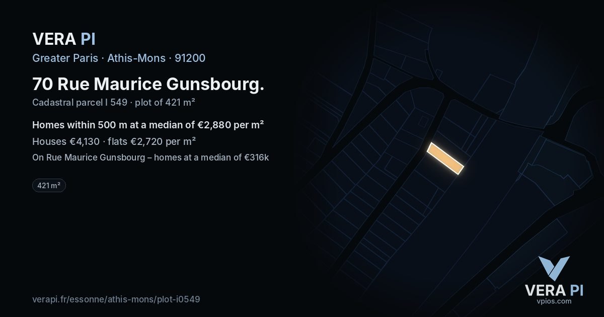 70 Rue Maurice Gunsbourg, Athis-Mons at night – the plot lit, the parcels around coloured by the prices near them