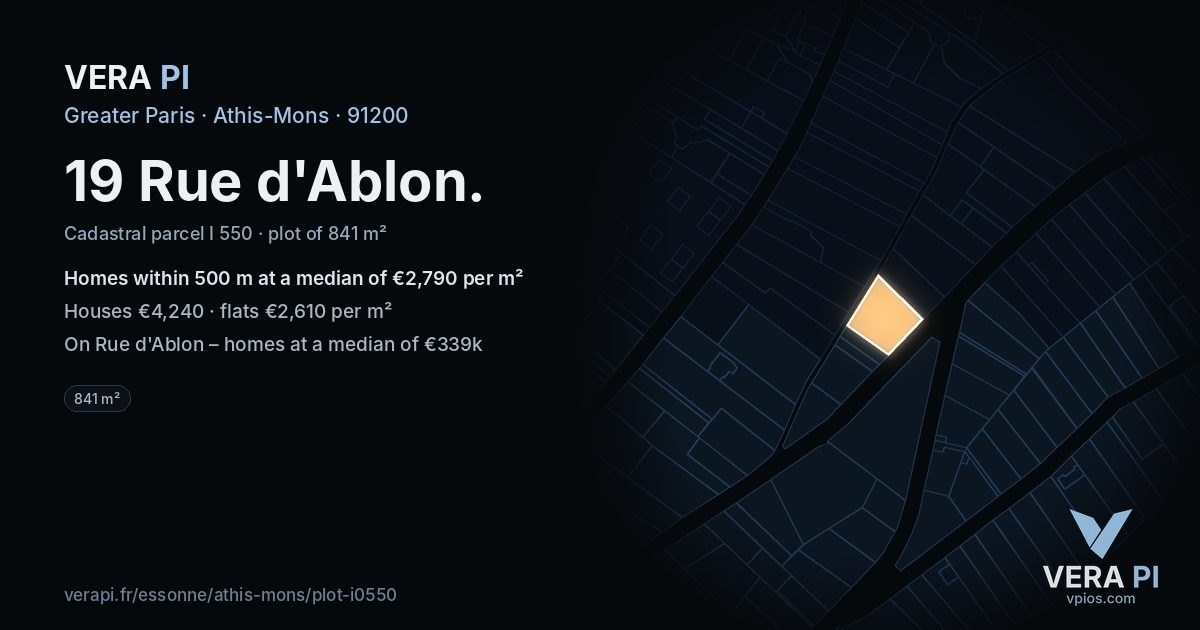 19 Rue d'Ablon, Athis-Mons at night – the plot lit, the parcels around coloured by the prices near them