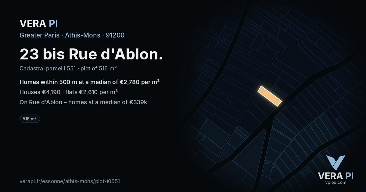 23 bis Rue d'Ablon, Athis-Mons at night – the plot lit, the parcels around coloured by the prices near them