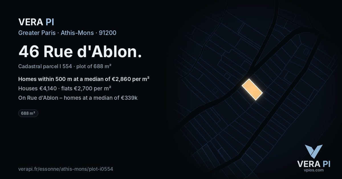 46 Rue d'Ablon, Athis-Mons at night – the plot lit, the parcels around coloured by the prices near them