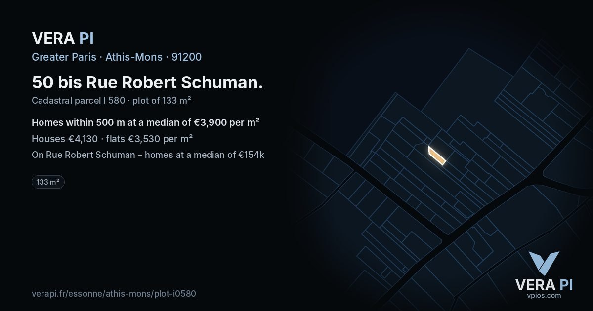 50 bis Rue Robert Schuman, Athis-Mons at night – the plot lit, the parcels around coloured by the prices near them