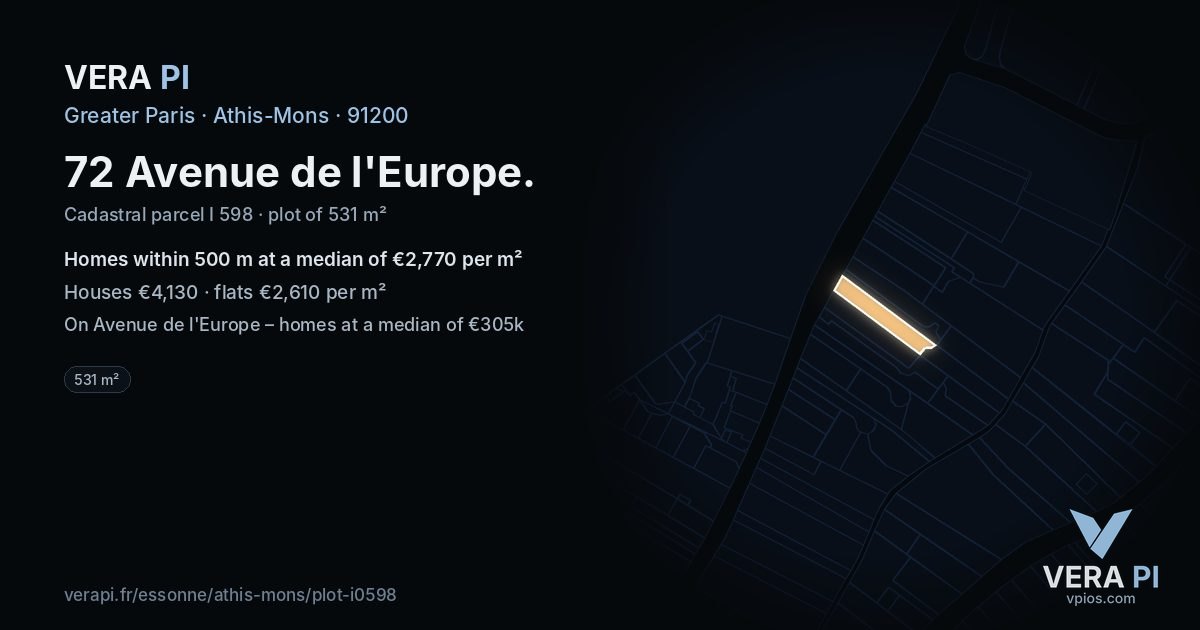 72 Avenue de l'Europe, Athis-Mons at night – the plot lit, the parcels around coloured by the prices near them