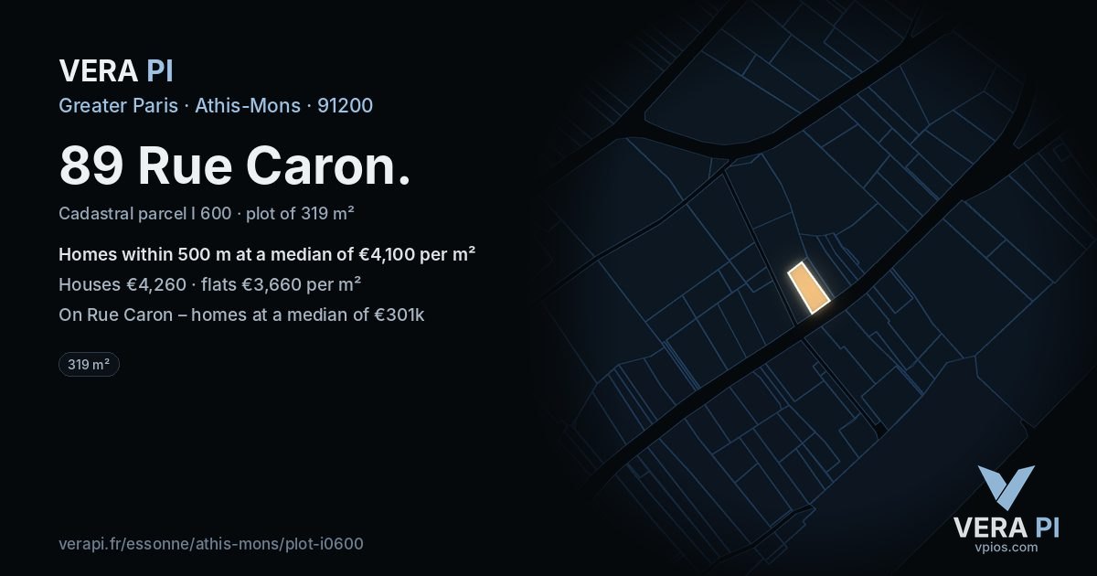 89 Rue Caron, Athis-Mons at night – the plot lit, the parcels around coloured by the prices near them