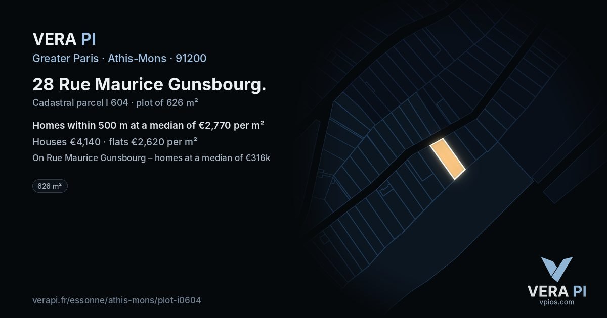 28 Rue Maurice Gunsbourg, Athis-Mons at night – the plot lit, the parcels around coloured by the prices near them