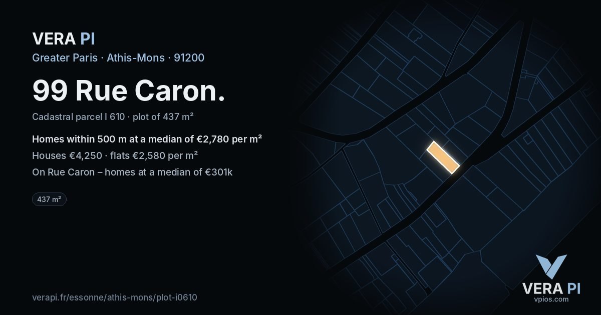 99 Rue Caron, Athis-Mons at night – the plot lit, the parcels around coloured by the prices near them