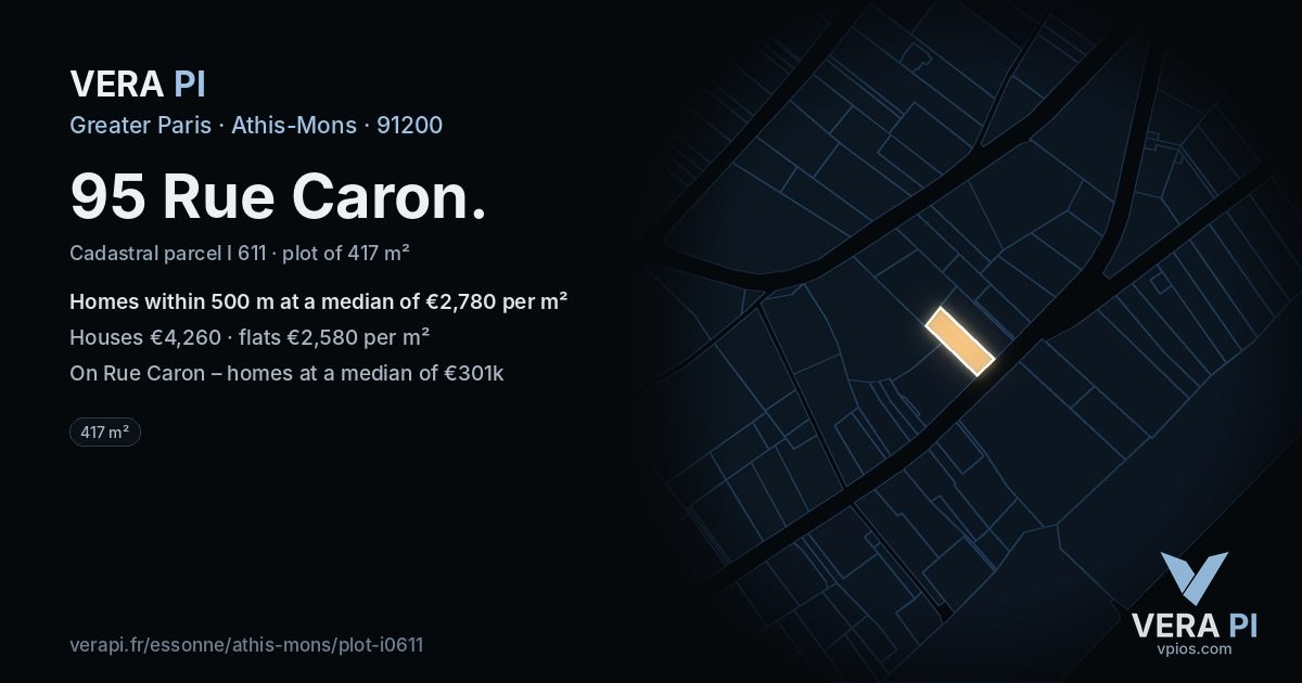 95 Rue Caron, Athis-Mons at night – the plot lit, the parcels around coloured by the prices near them