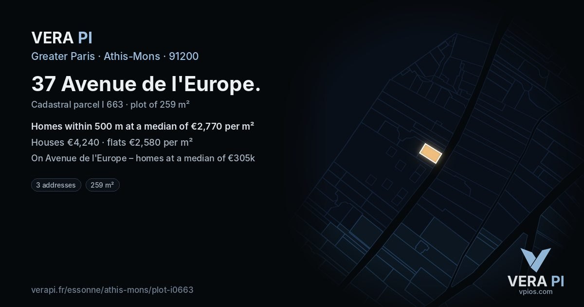 37 Avenue de l'Europe, Athis-Mons at night – the plot lit, the parcels around coloured by the prices near them