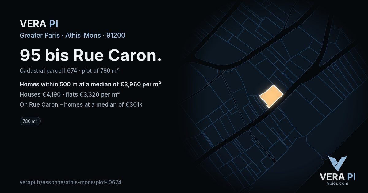 95 bis Rue Caron, Athis-Mons at night – the plot lit, the parcels around coloured by the prices near them