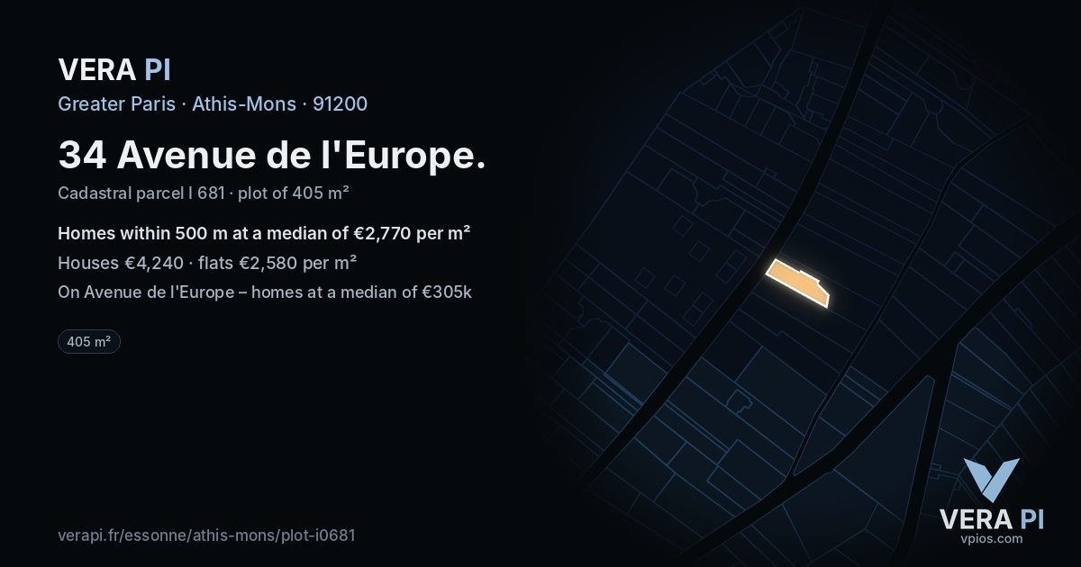 34 Avenue de l'Europe, Athis-Mons at night – the plot lit, the parcels around coloured by the prices near them