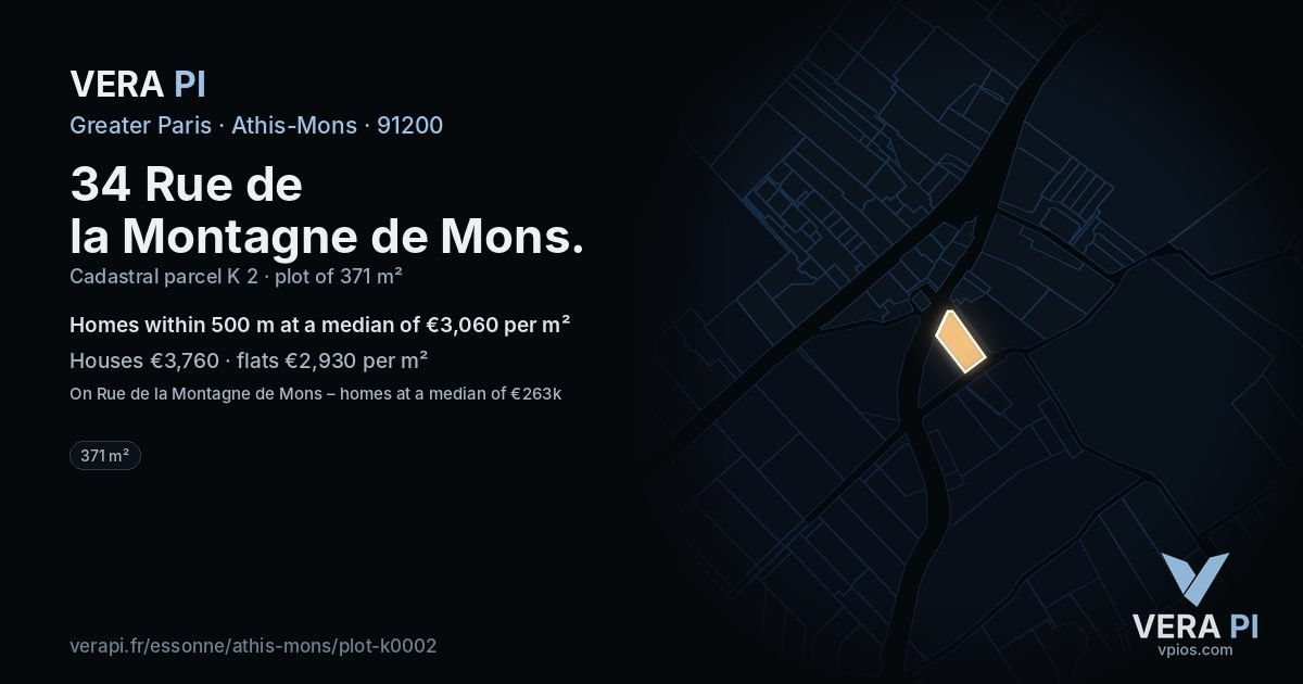 34 Rue de la Montagne de Mons, Athis-Mons at night – the plot lit, the parcels around coloured by the prices near them