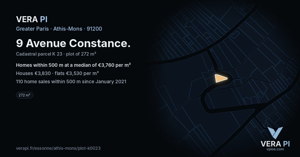 9 Avenue Constance, Athis-Mons at night – the plot lit, the parcels around coloured by the prices near them