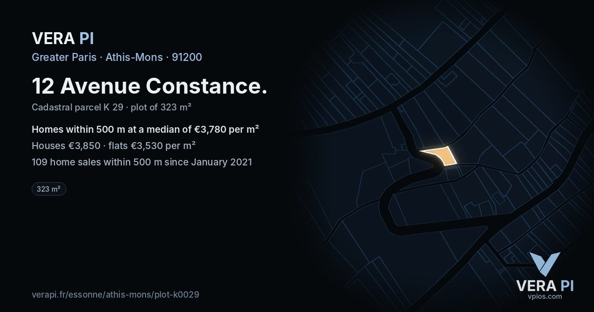 12 Avenue Constance, Athis-Mons at night – the plot lit, the parcels around coloured by the prices near them