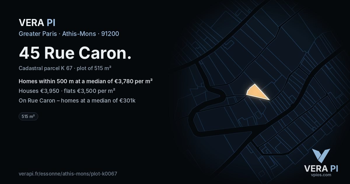 45 Rue Caron, Athis-Mons at night – the plot lit, the parcels around coloured by the prices near them