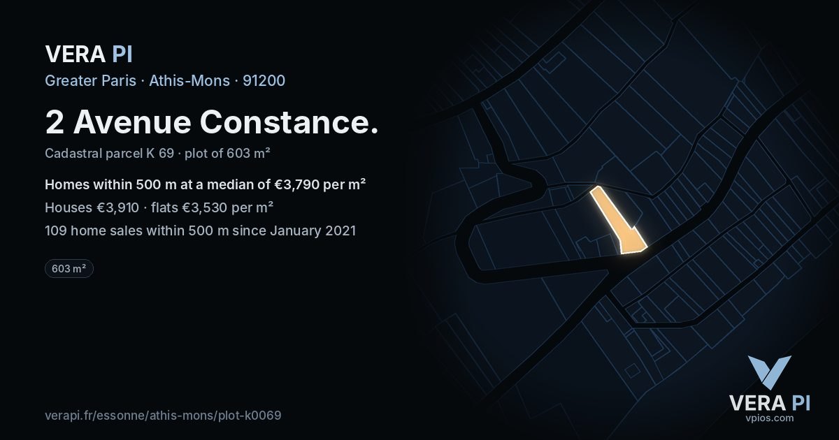 2 Avenue Constance, Athis-Mons at night – the plot lit, the parcels around coloured by the prices near them