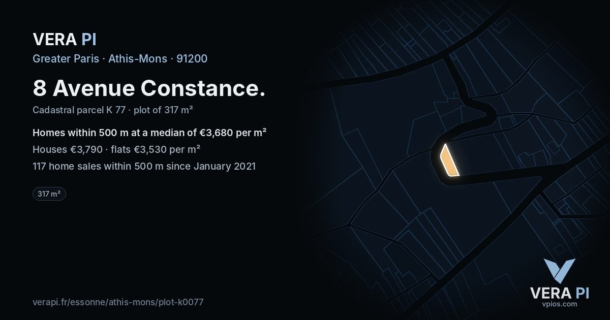 8 Avenue Constance, Athis-Mons at night – the plot lit, the parcels around coloured by the prices near them