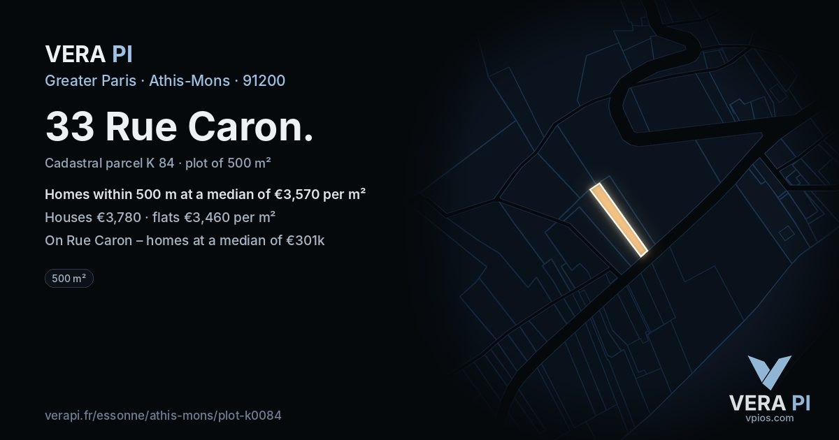 33 Rue Caron, Athis-Mons at night – the plot lit, the parcels around coloured by the prices near them