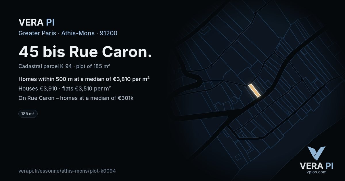 45 bis Rue Caron, Athis-Mons at night – the plot lit, the parcels around coloured by the prices near them