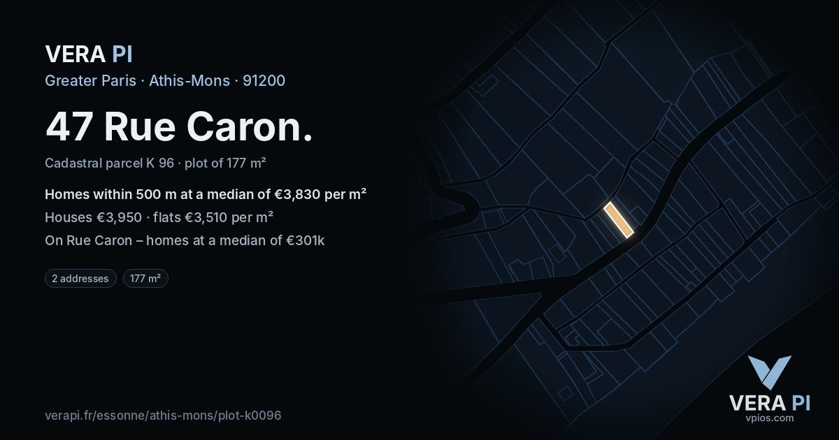 47 Rue Caron, Athis-Mons at night – the plot lit, the parcels around coloured by the prices near them