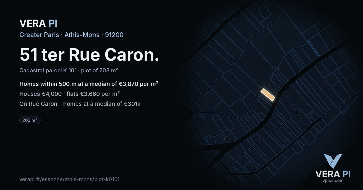 51 ter Rue Caron, Athis-Mons at night – the plot lit, the parcels around coloured by the prices near them