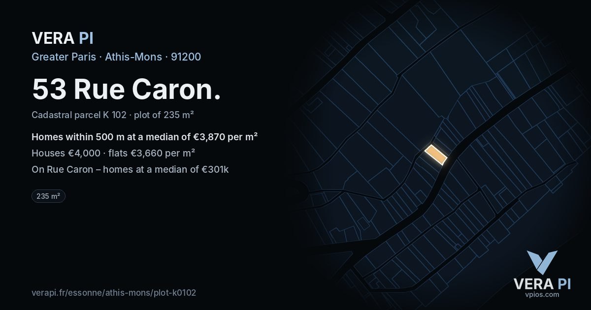 53 Rue Caron, Athis-Mons at night – the plot lit, the parcels around coloured by the prices near them