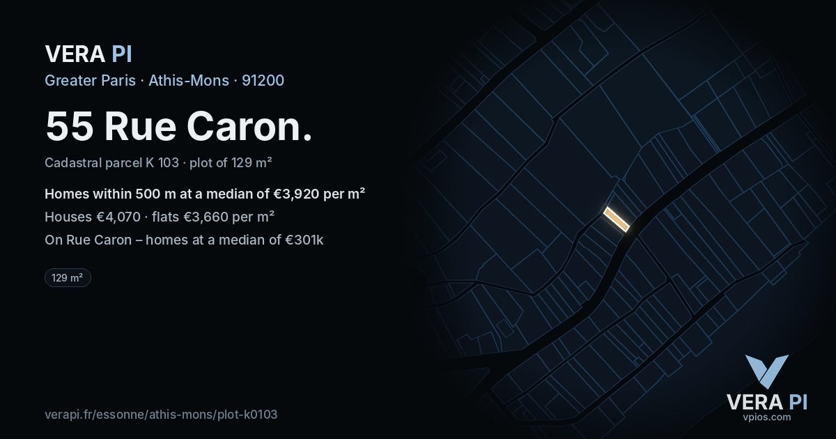 55 Rue Caron, Athis-Mons at night – the plot lit, the parcels around coloured by the prices near them