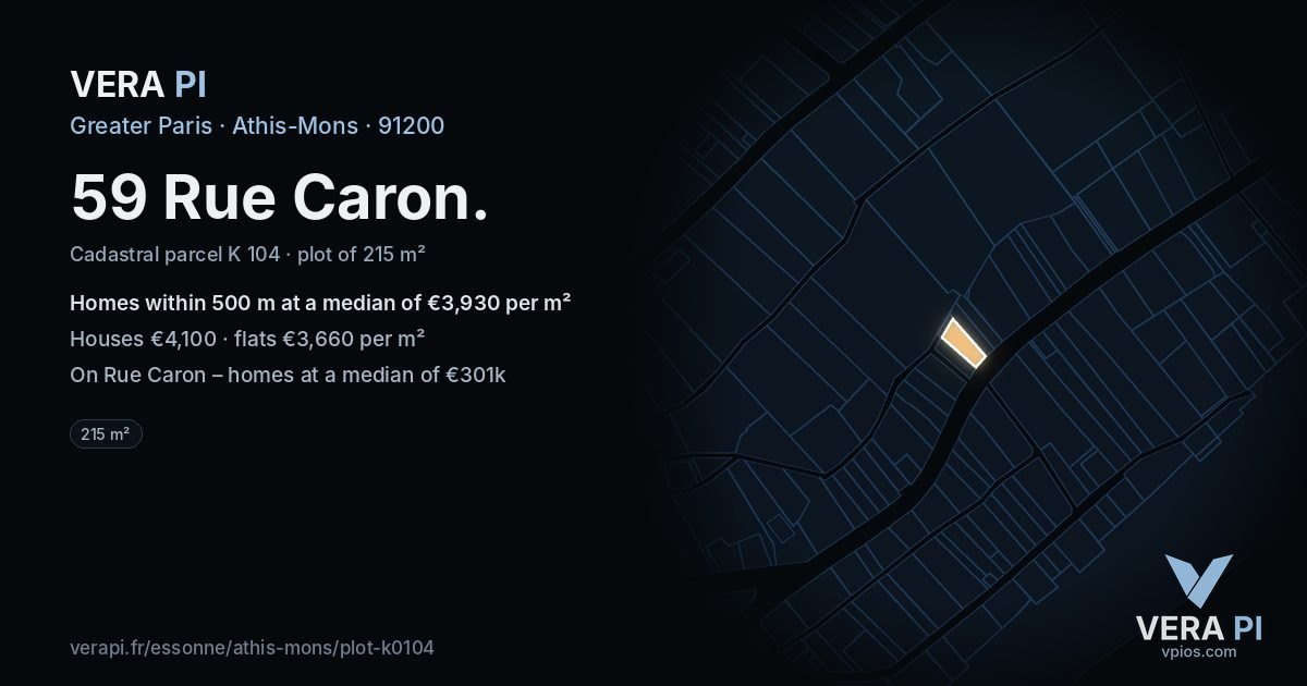 59 Rue Caron, Athis-Mons at night – the plot lit, the parcels around coloured by the prices near them