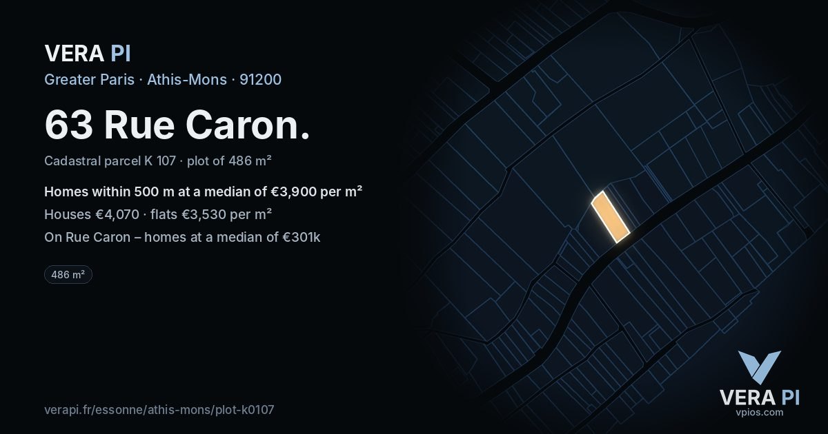 63 Rue Caron, Athis-Mons at night – the plot lit, the parcels around coloured by the prices near them