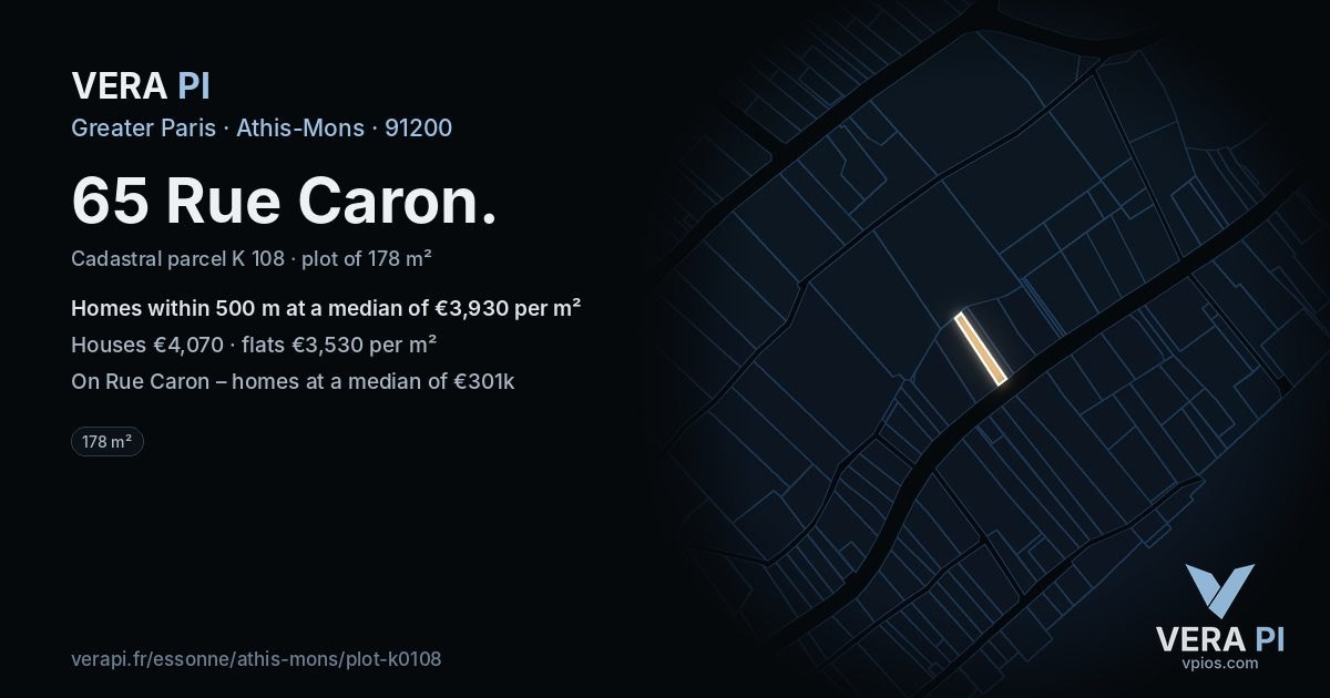 65 Rue Caron, Athis-Mons at night – the plot lit, the parcels around coloured by the prices near them