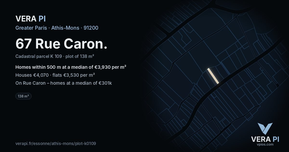 67 Rue Caron, Athis-Mons at night – the plot lit, the parcels around coloured by the prices near them