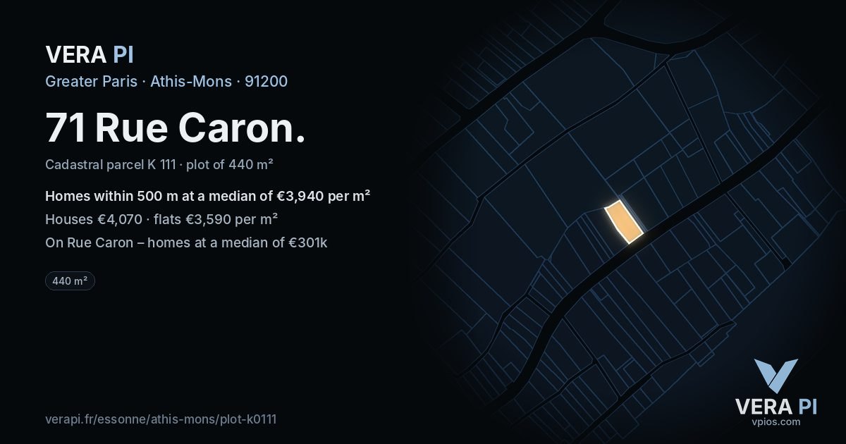 71 Rue Caron, Athis-Mons at night – the plot lit, the parcels around coloured by the prices near them