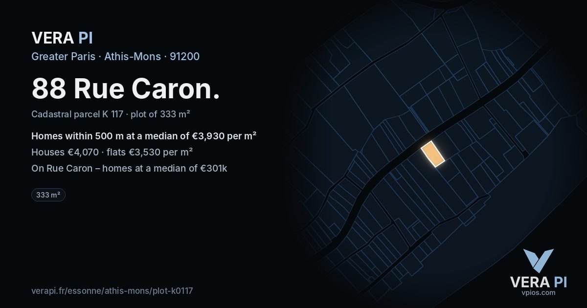 88 Rue Caron, Athis-Mons at night – the plot lit, the parcels around coloured by the prices near them