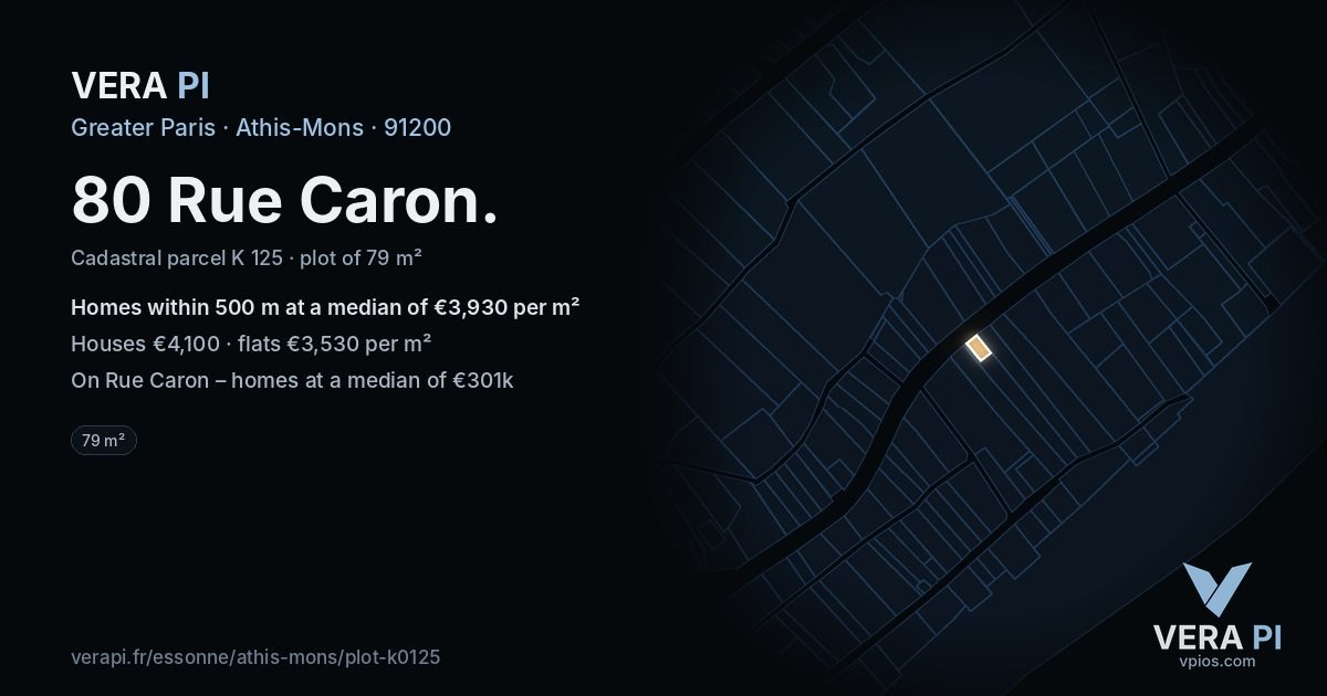 80 Rue Caron, Athis-Mons at night – the plot lit, the parcels around coloured by the prices near them